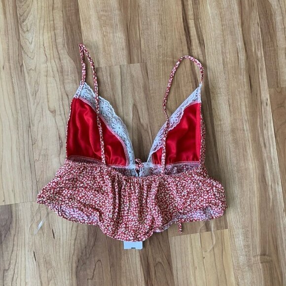 Windsor Cropped Halter Top Small Red Tan Front Tie Closure Lace Trim Rayon New - Picture 5 of 9